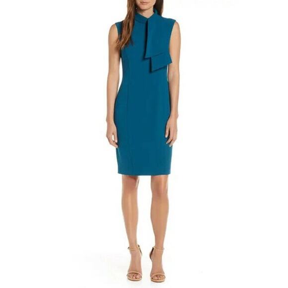 Harper Rose Teal Career Back Vent Sleeveless Tie Neck Sheath Mini Dress 12 NWOT - Picture 1 of 13